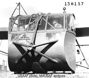 USAAF Wright Field photo #130157 at CCAAF, new Bolt-on Griswold nose protection device showing receptacle for wire-on-tow-line interphone wire connection.