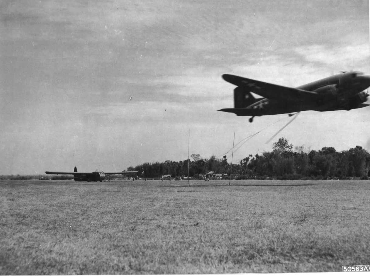 Air Commandos practice C-47 glider pickup in India Photo courtesy of U.S. National Archives
