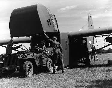 A jeep is loaded into a glider for Operation THURSDAY
Photo Courtesy of USAF Archives
